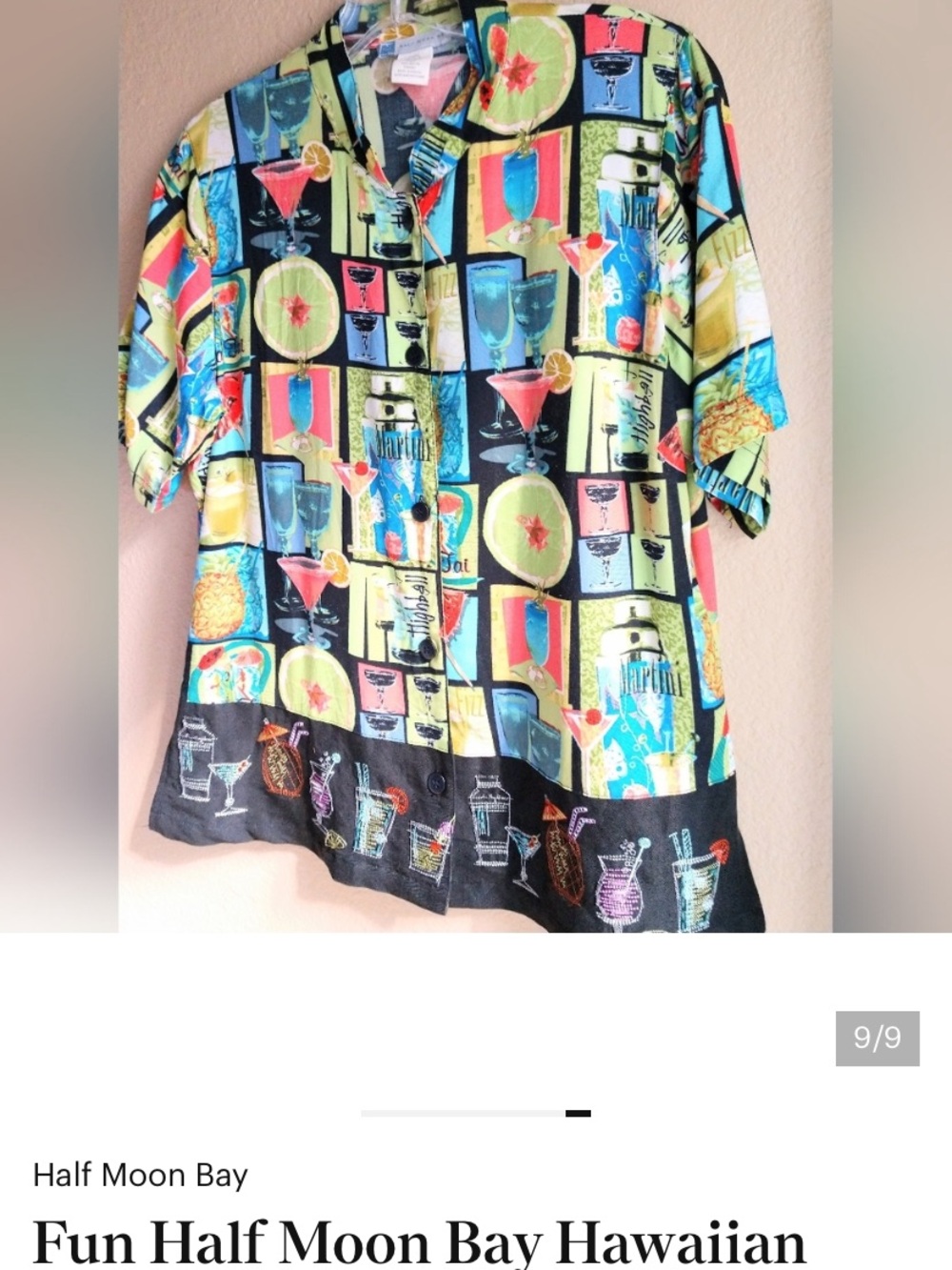 Fun Half Moon Bay Hawaiian Novelty Print Shirt Tropical Drinks Embroidered MED
